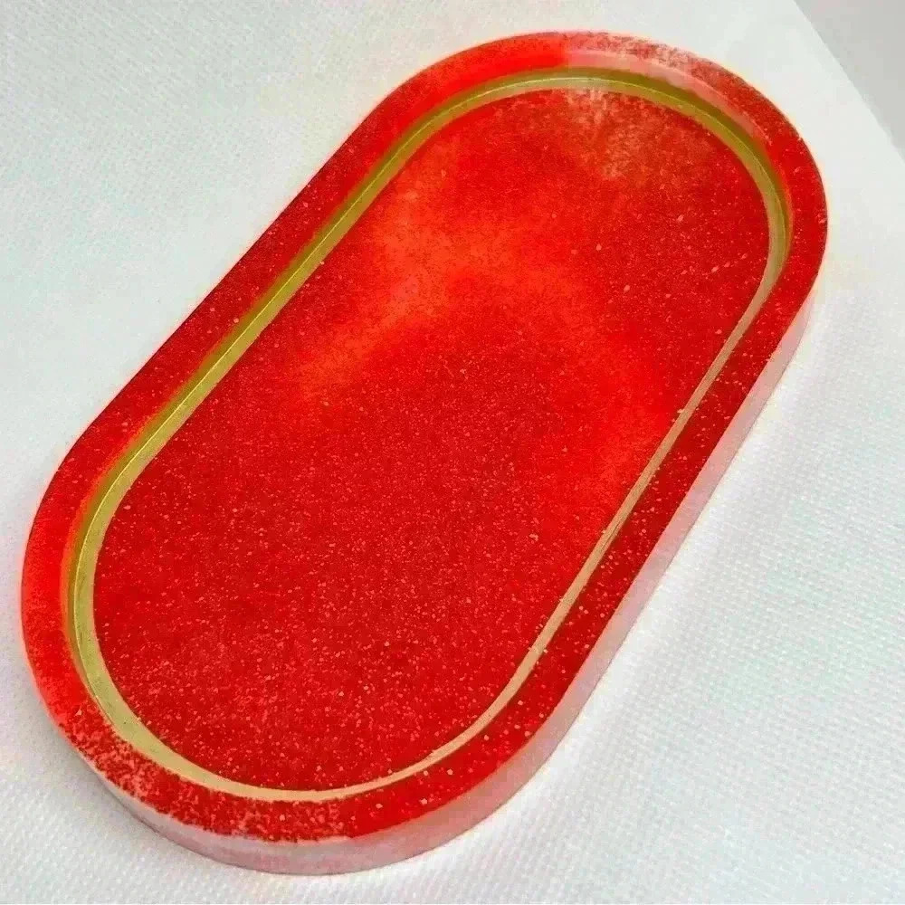 Hand Crafted Red Marbled, Red Glitter, and Golden Inner Rim Resin Trinklet Tray
